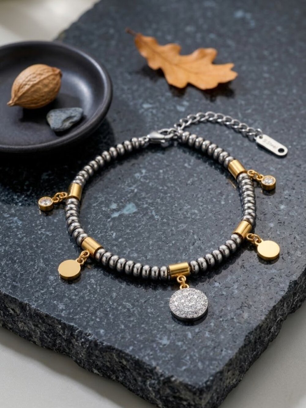 Two Tone Beaded Charm Bracelet Gold Silver CZ Disc Dainty Adj 6.5-8.5"